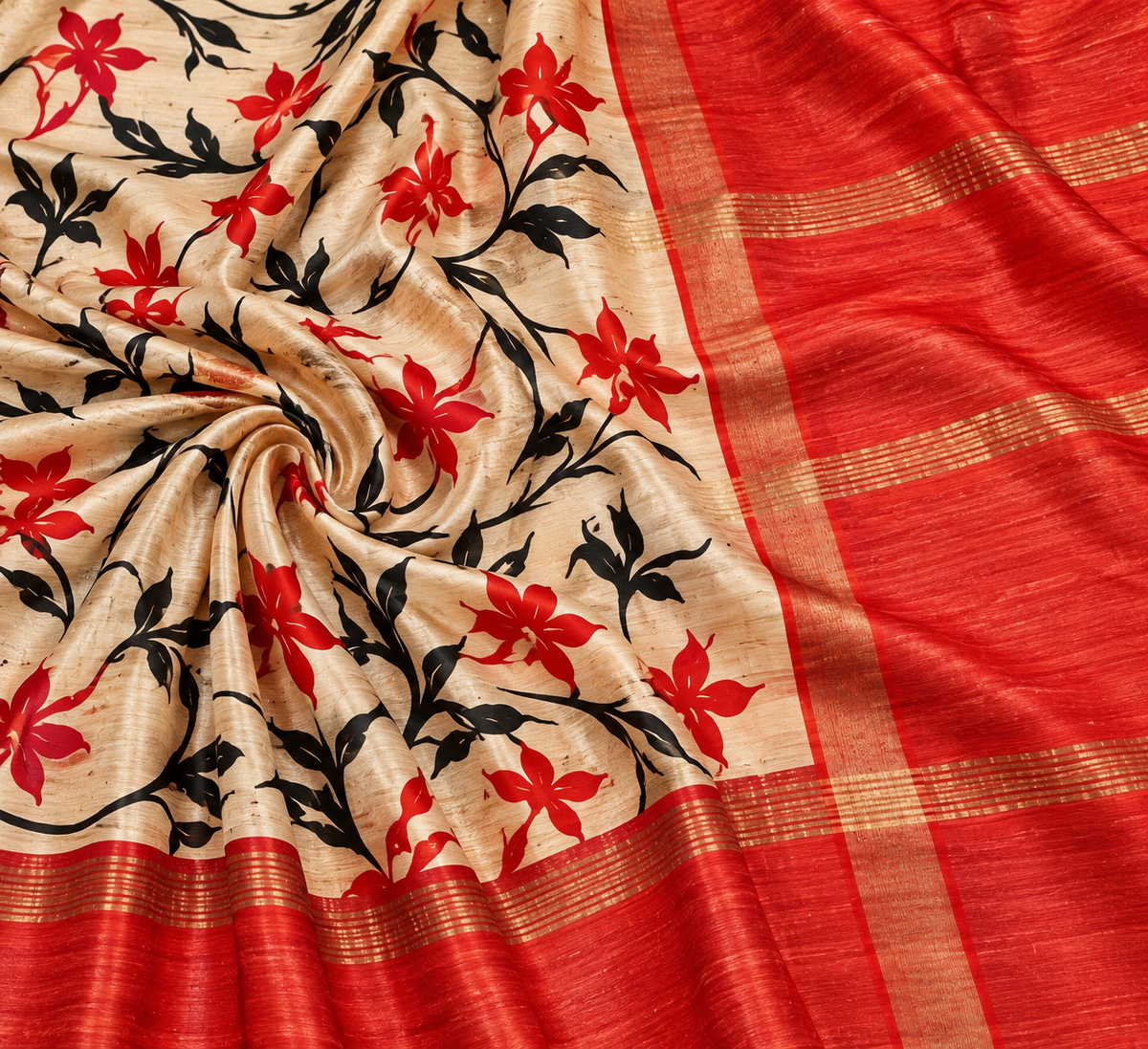 Handwoven Screenprinted Bhagalpuri Tussar Ghicha Silk Saree