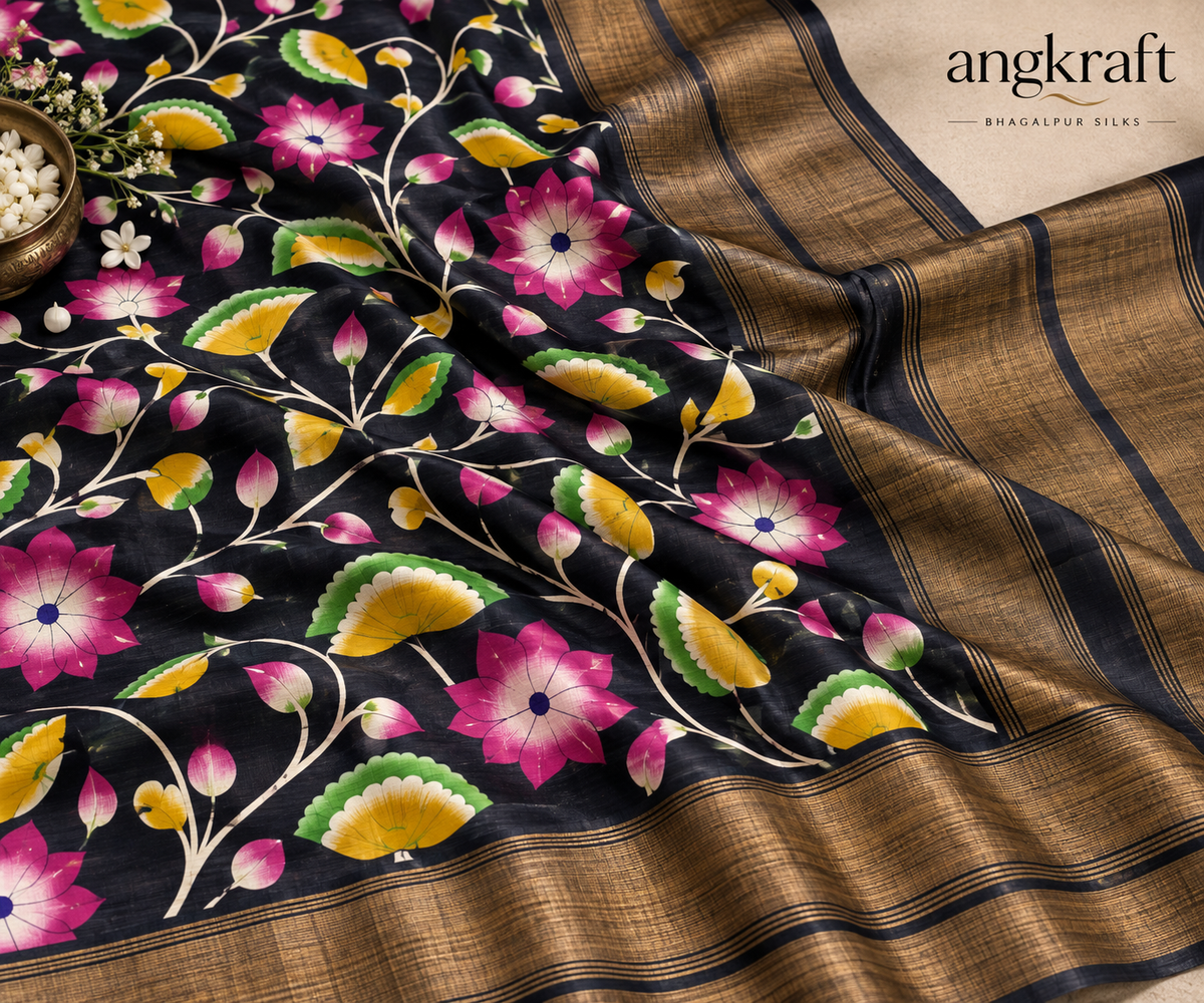 Handwoven Screenprinted Bhagalpuri Tussar Ghicha Silk Saree
