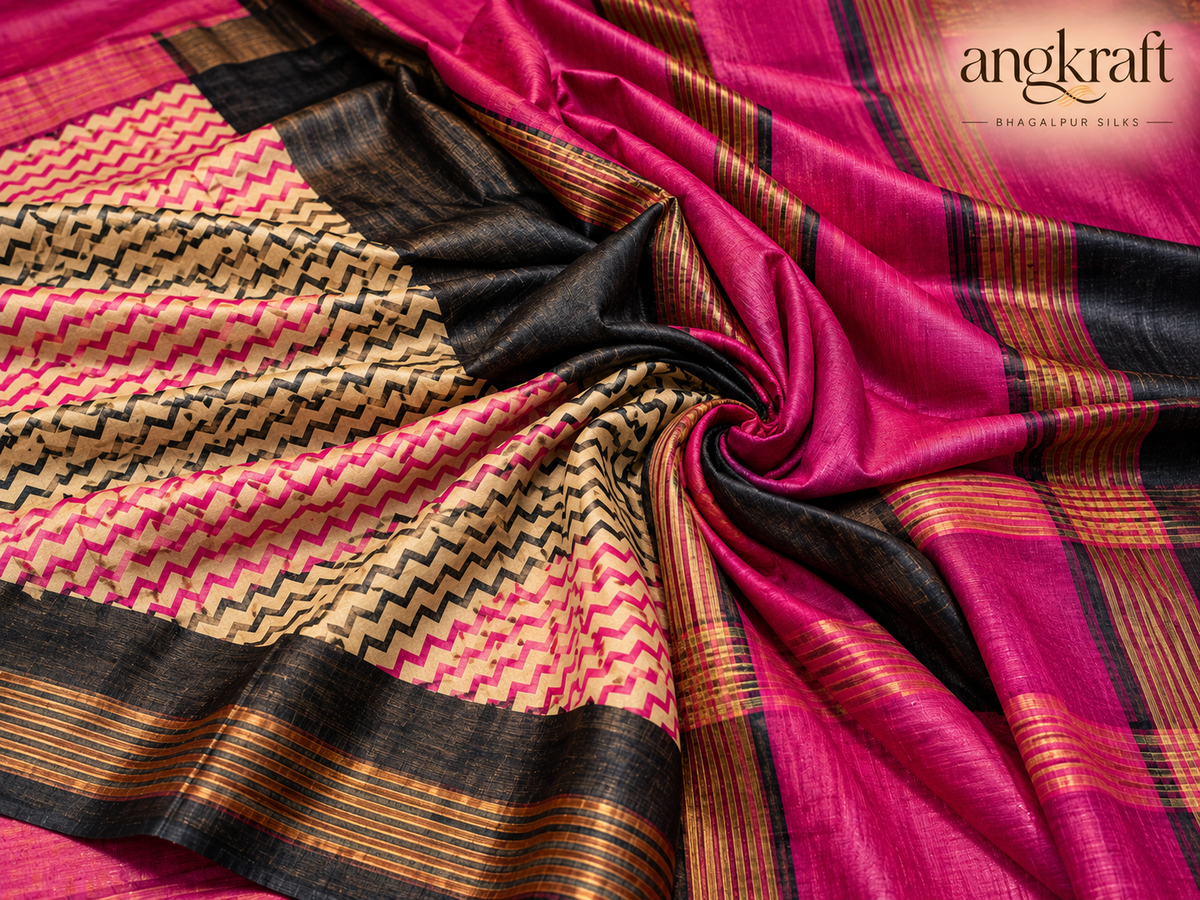 Handwoven Tussar Ghicha Chevron Bhagalpuri Silk Saree