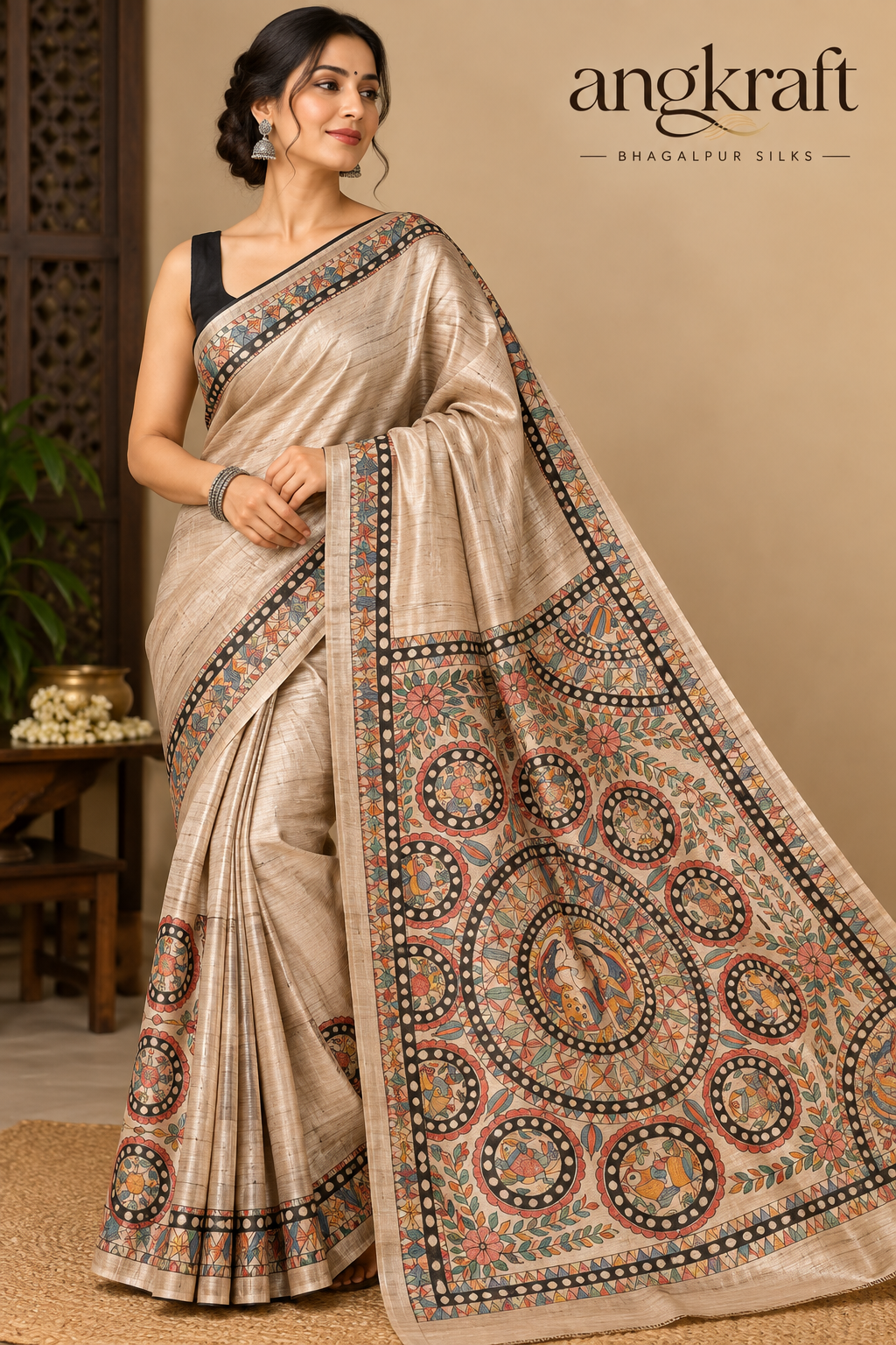 Handwoven Handpainted Madhubani Bhagalpuri Tussar Ghicha Silk Saree-Kora
