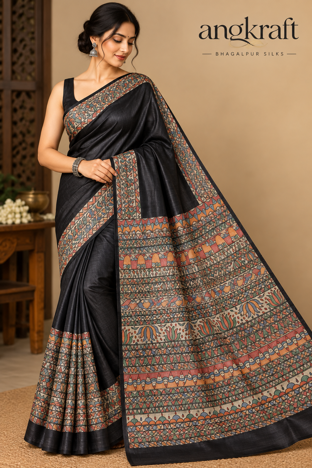 Handwoven Handpainted  Madhubani Bhagalpuri Tussar Ghicha Silk Saree-Black