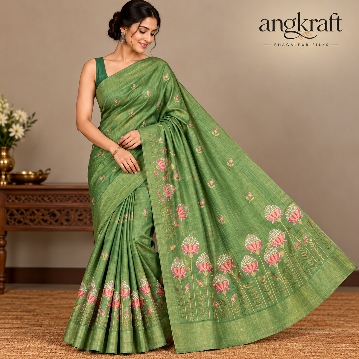 Embroidered Bhagalpuri Tussar Silk Saree-Green