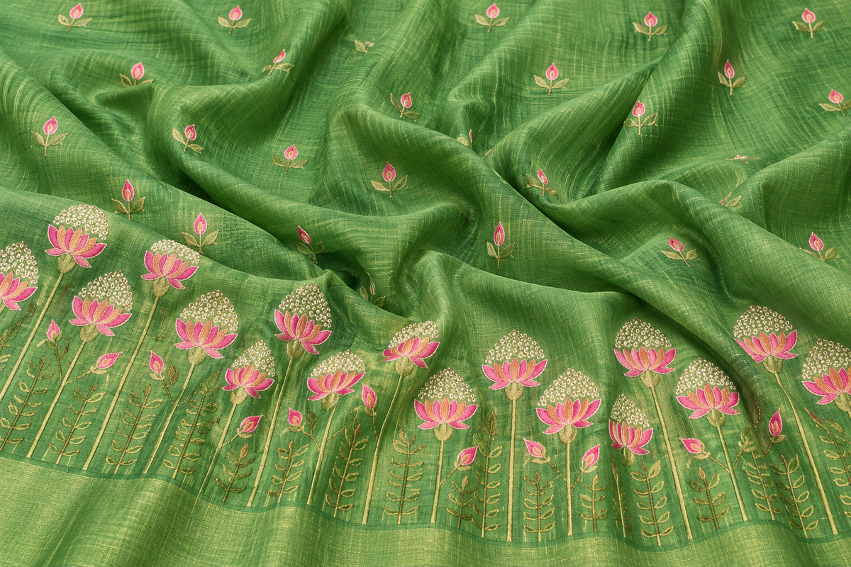 Embroidered Bhagalpuri Tussar Silk Saree-Green