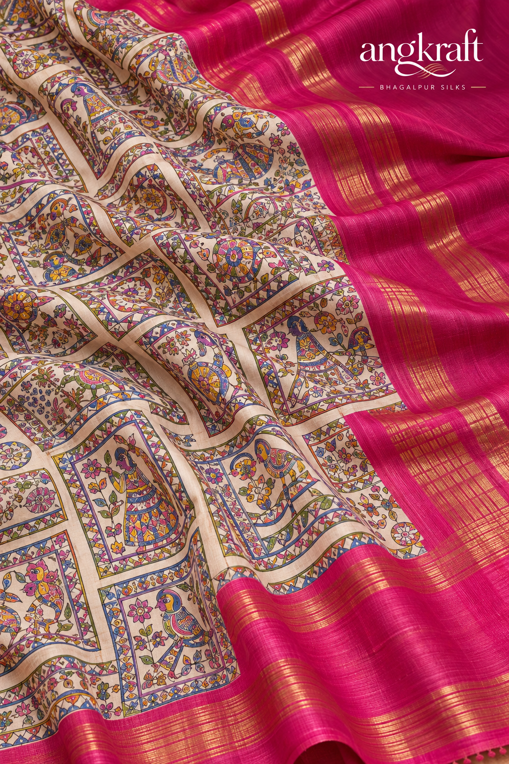 Handwoven Screenprinted Bhagalpuri Tussar Ghicha Silk Saree