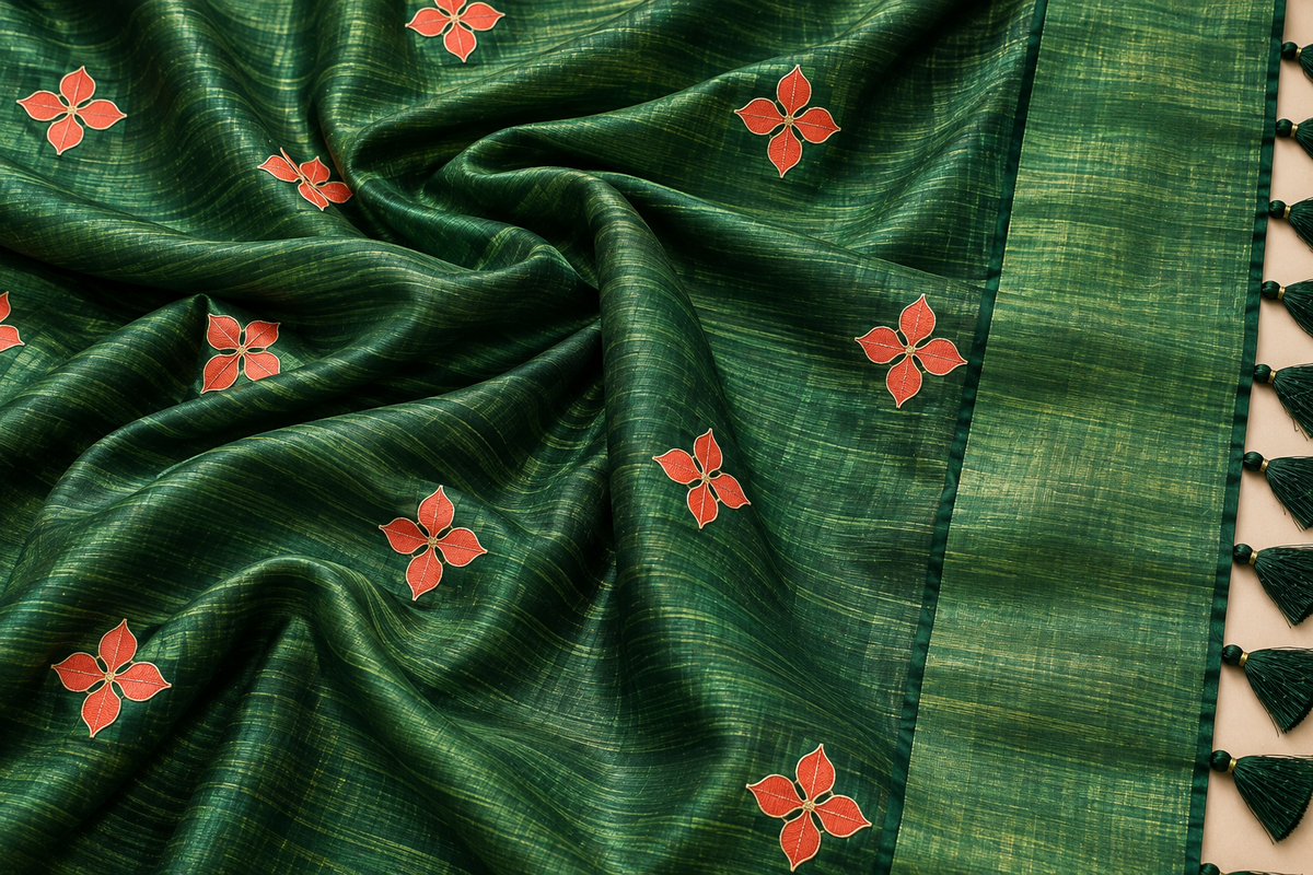 Handwoven Embroidered Bhagalpuri Tussar Ghicha Silk Saree-Elegant Green