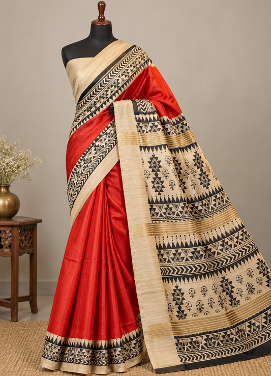 Handwoven Screenprinted Bhagalpuri Tussar Ghicha Silk Saree