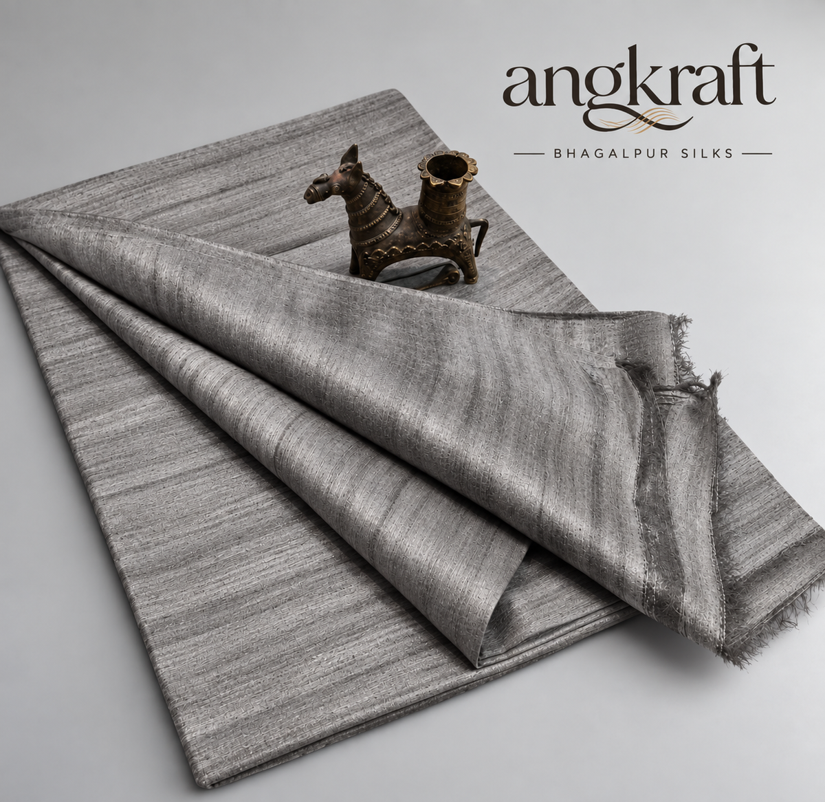Handwoven Bhagalpuri Grey Tussar Ghicha Silk Saree