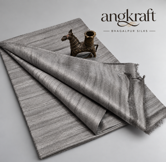 Handwoven Bhagalpuri Grey Tussar Ghicha Silk Saree