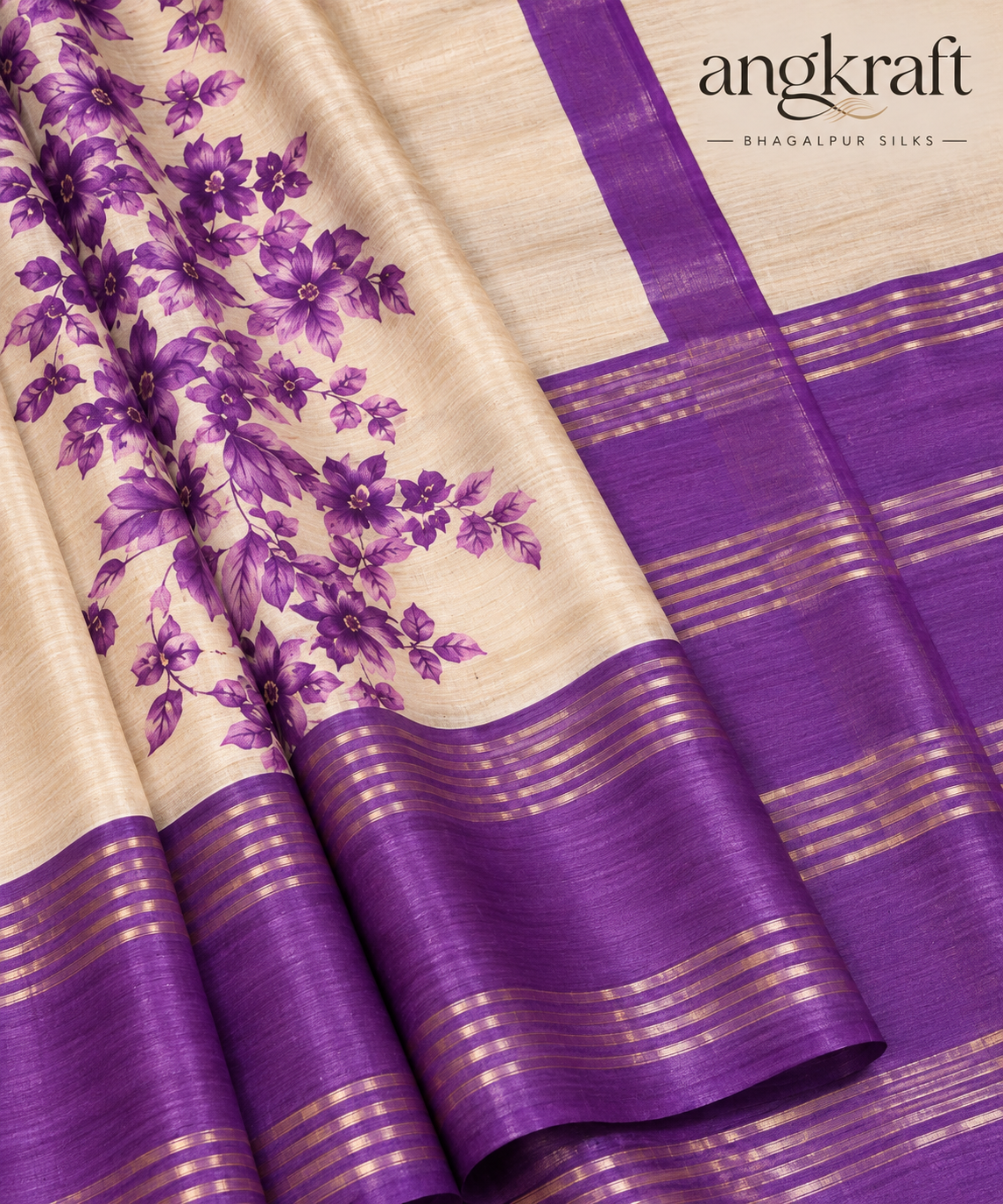 Handwoven Screenprinted Bhagalpuri Tussar Ghicha Silk Saree