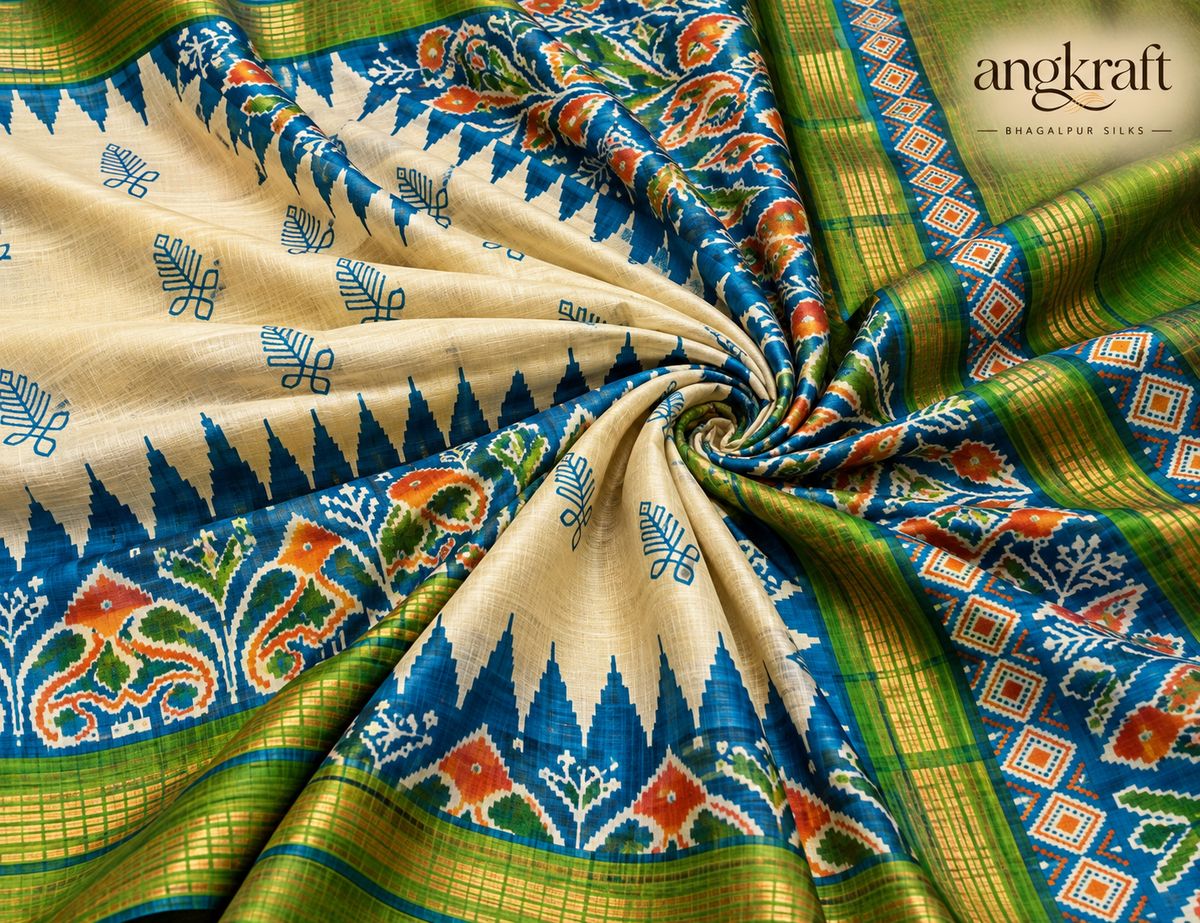 Handwoven Patola Pattern Bhagalpuri Tussar Ghicha Silk Saree