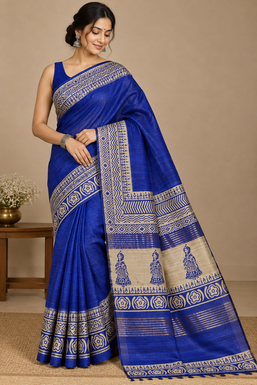 Handwoven Screeprinted Bhagalpuri Tussar Ghicha Silk Saree