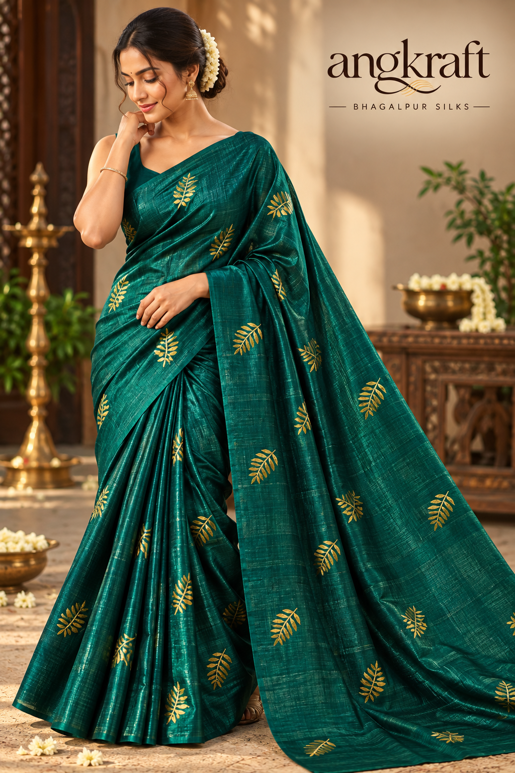 Handwoven Embroidered Bhagalpuri Tussar Ghicha Silk Saree-Dark Green
