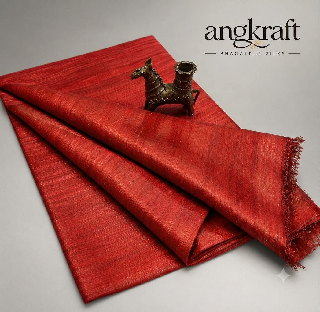 Handwoven Bhagalpuri Cherry Red Tussar Ghicha Silk Saree