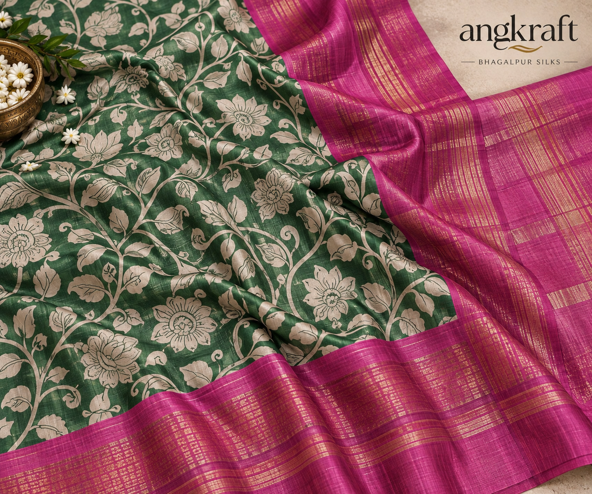 Handwoven Screenprinted Bhagalpuri Tussar Ghicha Silk Saree