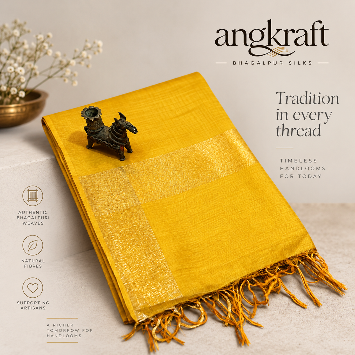 Handwoven Tussar by Tussar Bhagalpuri Silk Saree-Yellow
