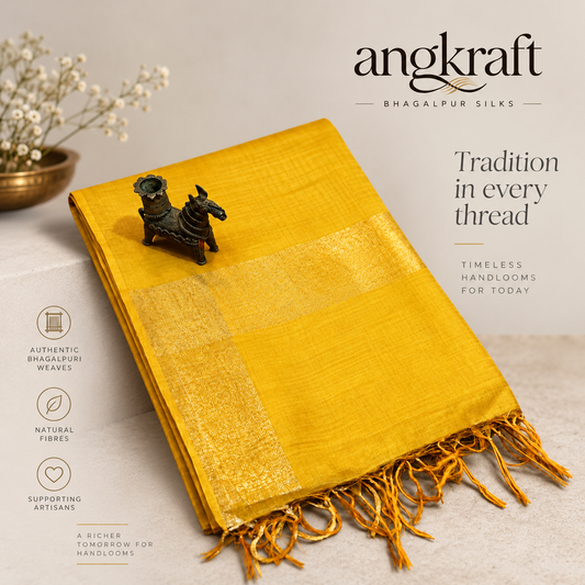 Handwoven Tussar by Tussar Bhagalpuri Silk Saree-Yellow