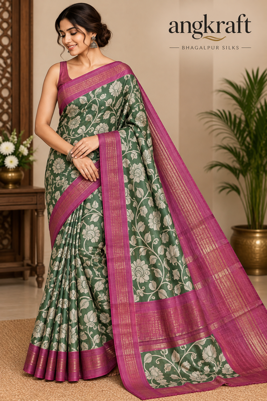 Handwoven Screenprinted Bhagalpuri Tussar Ghicha Silk Saree
