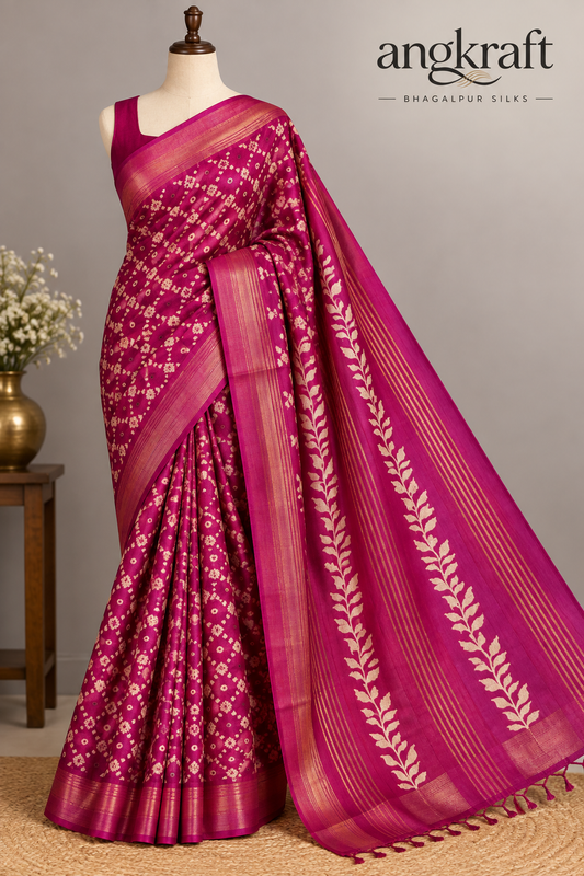 Handwoven Screenprinted Bhagalpuri Tussar Ghicha Silk Saree