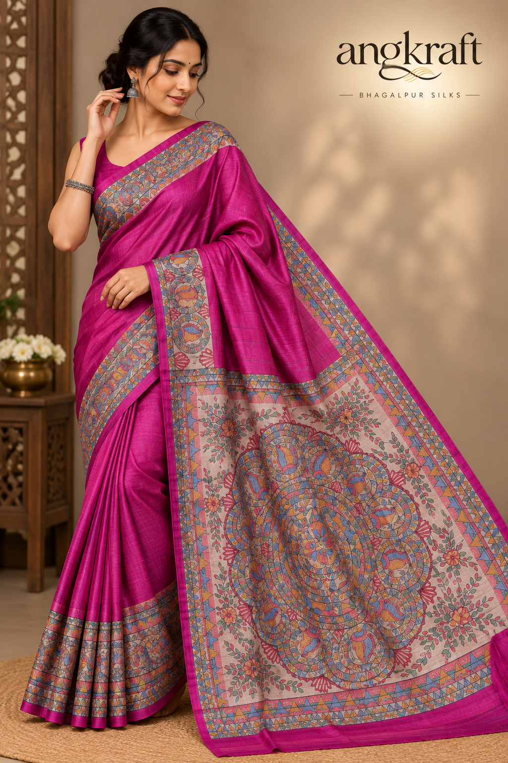 Handwoven Handpainted Madhubani Bhagalpuri Tussar Ghicha Silk Saree-Pink