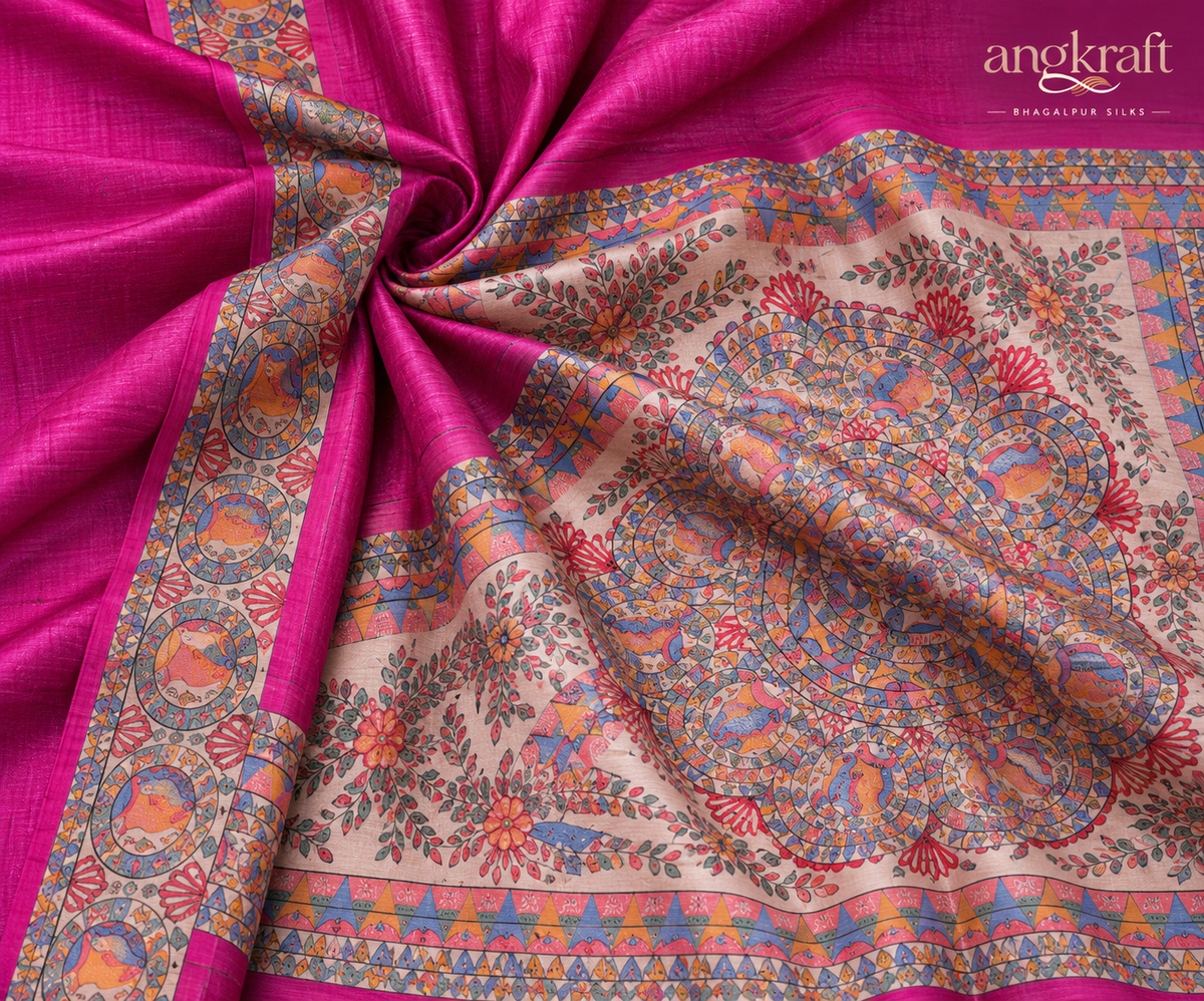 Handwoven Handpainted Madhubani Bhagalpuri Tussar Ghicha Silk Saree-Pink
