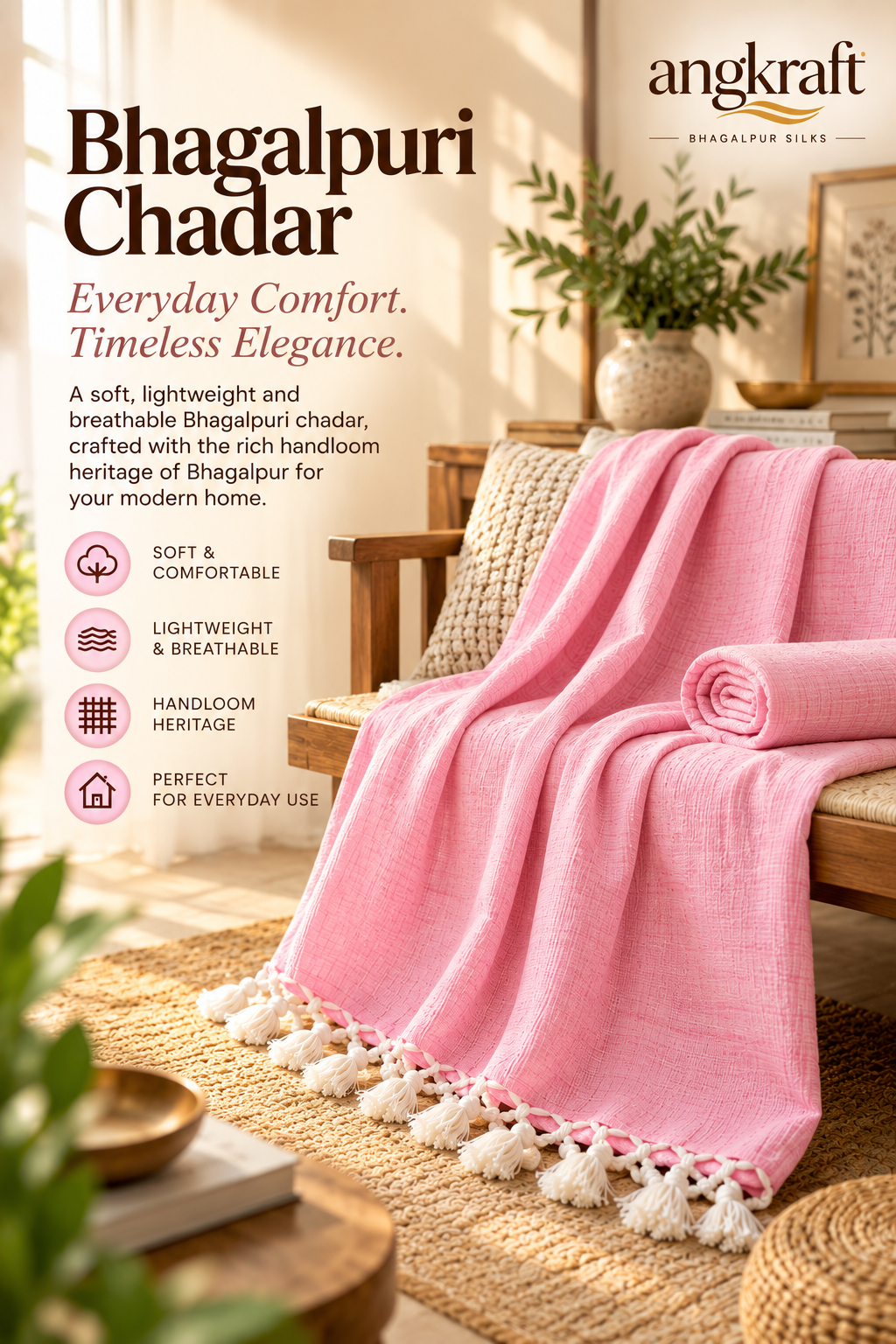 100 % Authentic Pink Bhagalpuri Andi Dull Chadar