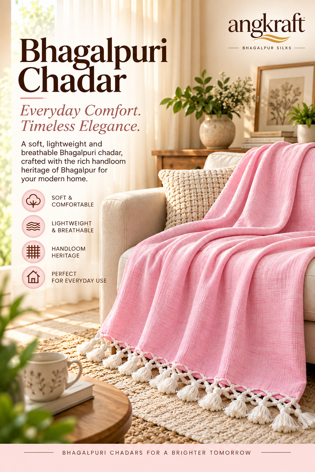 100 % Authentic Pink Bhagalpuri Andi Dull Chadar