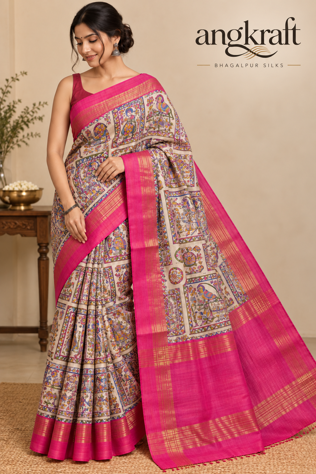 Handwoven Screenprinted Bhagalpuri Tussar Ghicha Silk Saree