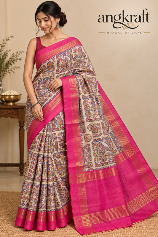 Handwoven Screenprinted Bhagalpuri Tussar Ghicha Silk Saree
