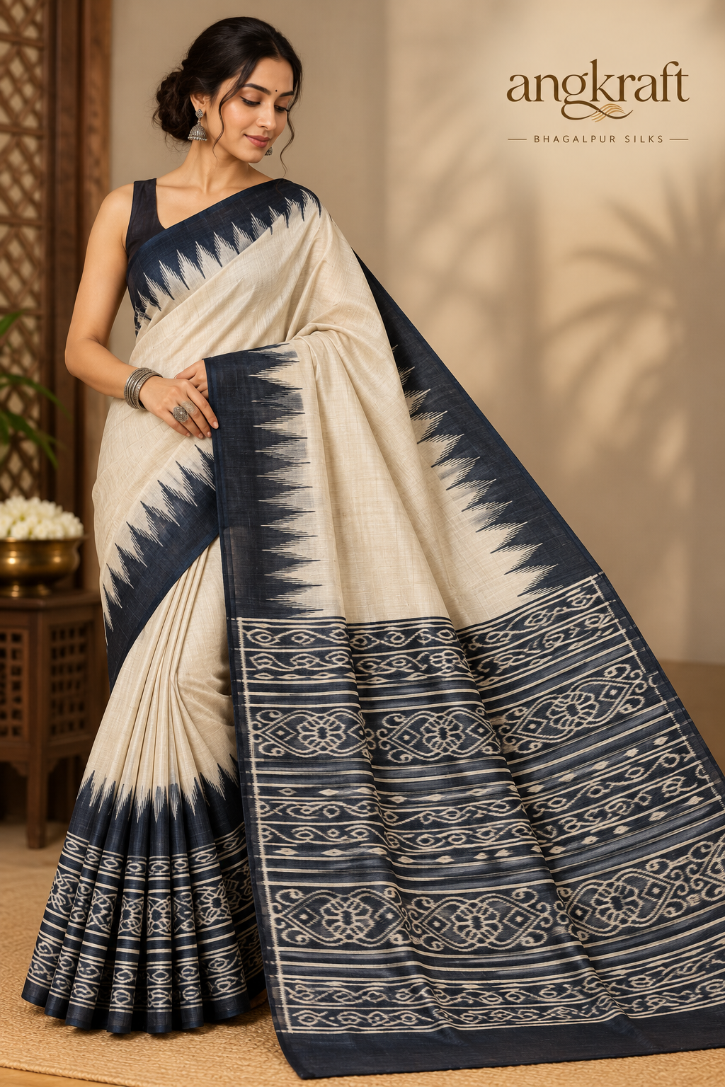 Handwoven Screenprinted Bhagalpuri Tussar Ghicha Silk Saree-Templa Border Black